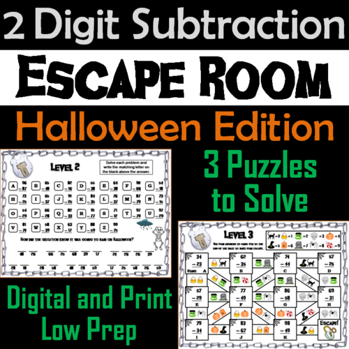 Double Digit Subtraction With and Without Regrouping Game: Halloween Escape Room