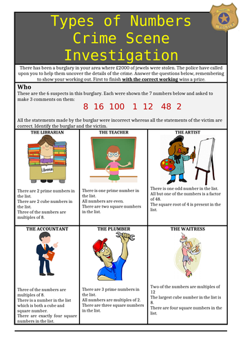 Factors, Multiples, Roots, Primes, Squares and Cubes Murder Mystery