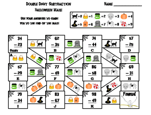 Double Digit Subtraction With and Without Regrouping Halloween Math Maze