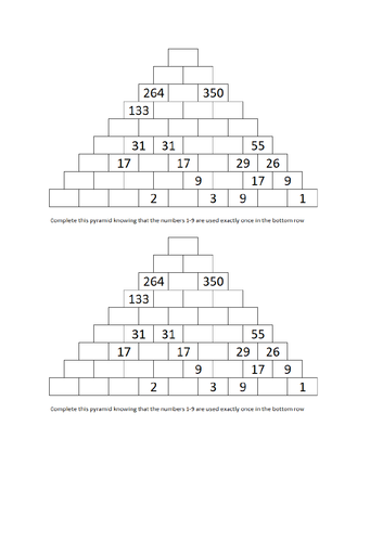 KS3 Large Addition Pyramid with 43 cells and 9 rows. Involves logic, addition and subtraction