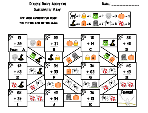 Double Digit Addition Without Regrouping Game Halloween Math Maze