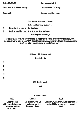 The Changing Economic World AQA 1-9 course (Scheme of learning) - UK north-south divide