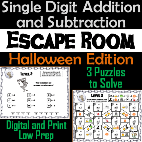 Single Digit Addition and Subtraction Game: Halloween Escape Room Math