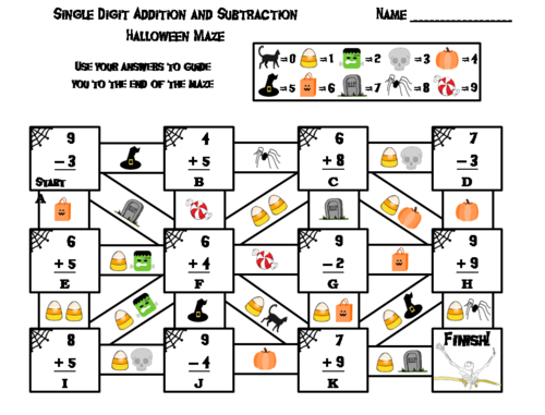 Single Digit Addition and Subtraction Game: Halloween Math Maze