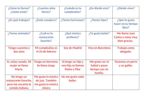 Basic Spanish conversational  match up activity
