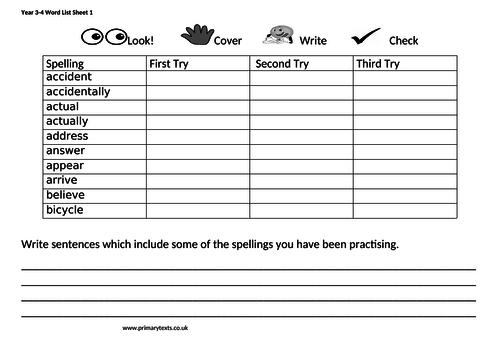 Year 3 and 4 Word List Look Cover Write Check Sheets