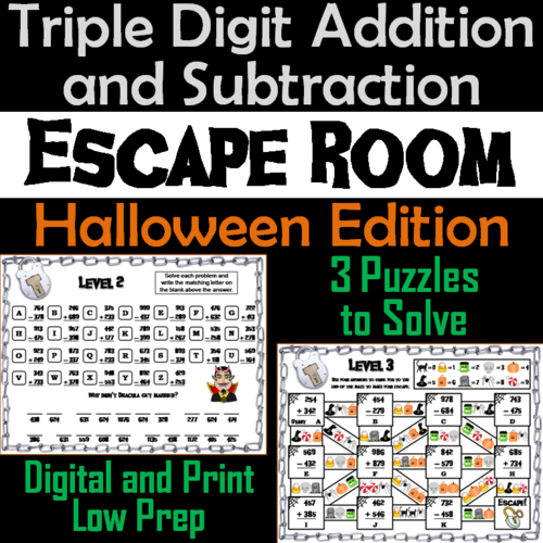 Triple Digit Addition and Subtraction W & W/O Regrouping: Halloween Escape Room