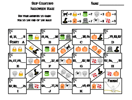 Skip Counting by 2, 3, 4, 5, 10 Game: Halloween Math Maze