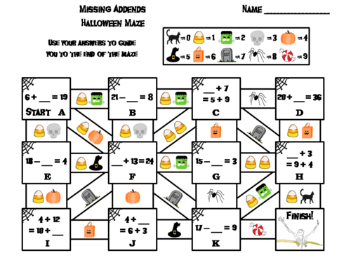 Missing Addends Addition and Subtraction Game: Halloween Math Maze