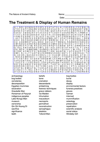 Treatment and display of human remains word search
