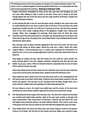 AQA Language Paper 1 mock paper - Birdsong by Sebastian Faulks