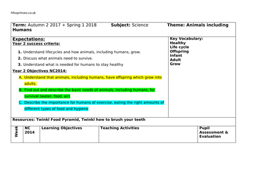 Year 2 Animals including Humans MTP 7 weeks planning