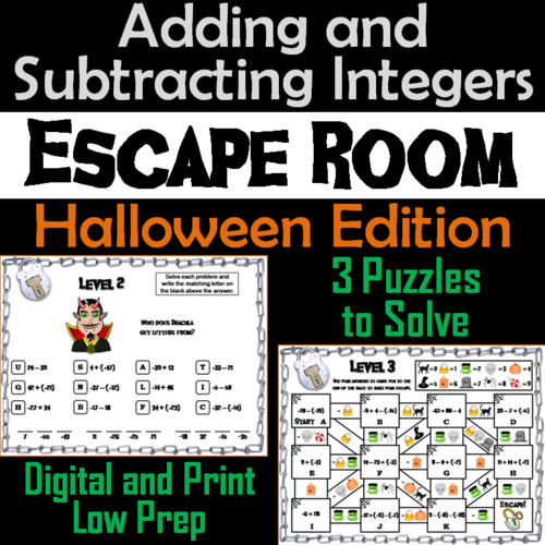 Adding and Subtracting Integers Game: Escape Room Halloween Math