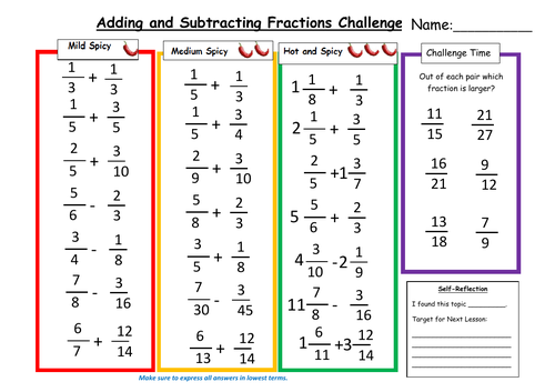 adding and subtracting fractions differentiated worksheet