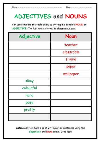 Adjectives and Nouns Worksheet | Teaching Resources