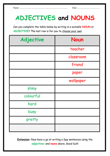 Nouns And Adjectives Worksheets 