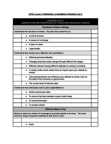 BTEC L3 Unit 3 Personal & Business Finance Learning Checklist