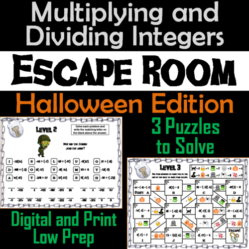 Multiplying and Dividing Integers Game: Escape Room Halloween Math
