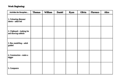 EYFS - Activity completion tracking sheet