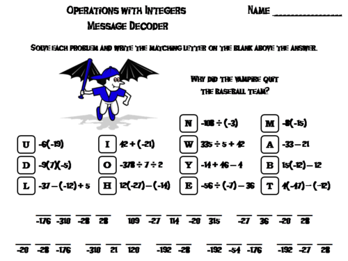 Operations with Integers Game: Halloween Math Activity