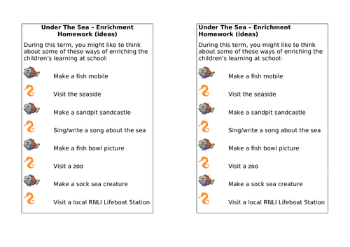 Homework - Under The Sea enrichment ideas