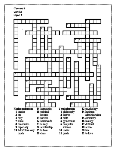D Accord 1 Unite 2 Lecon A Crossword Teaching Resources