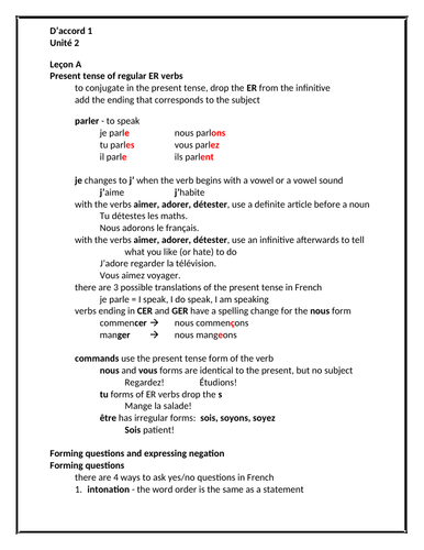 D'accord 1 Unité 2 Study Guide