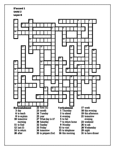 D'accord 1 Unité 2 Leçon B Crossword