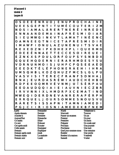 D'accord 1 Unité 2 Leçon B Wordsearch | Teaching Resources