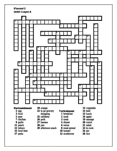 D'accord 2 Unité 1 Leçon A Crossword