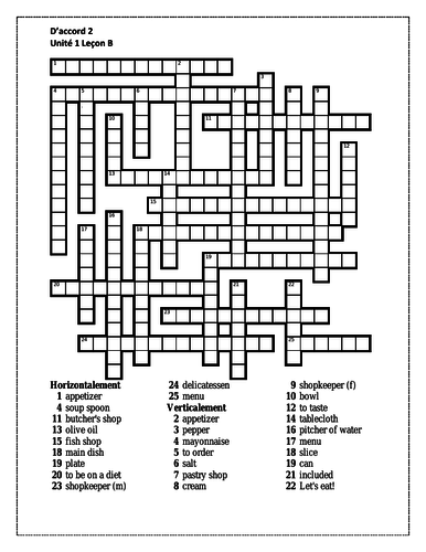 D accord 2 Unité 1 Leçon B Crossword Teaching Resources