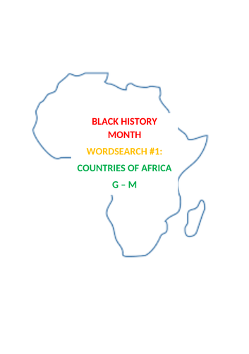 Black History Month Countries of Africa Wordsearch: G to M