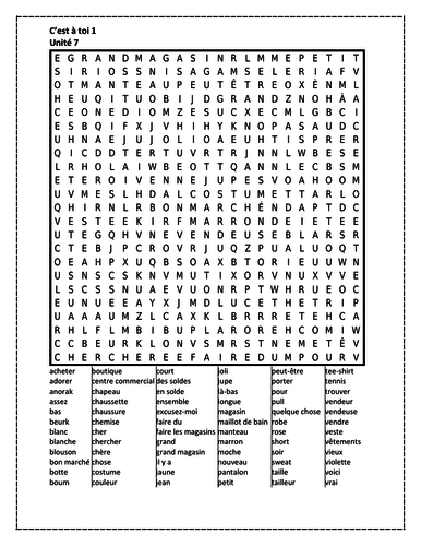 C'est à toi 1 Unité 7 Wordsearch | Teaching Resources