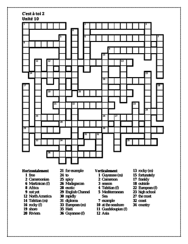 C est à toi 2 Unité 10 Crossword Teaching Resources