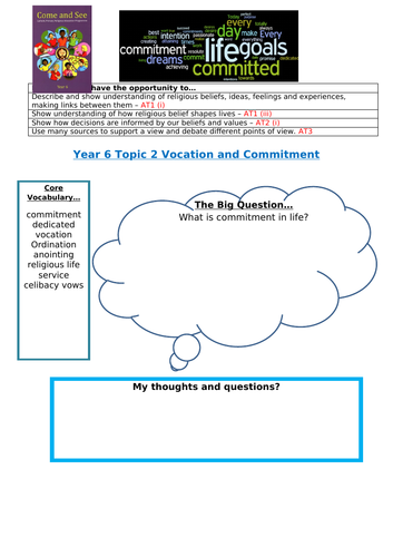 Come and See Year 6 topic 2 - Vocation and Commitment **updated with example of work for LF3**