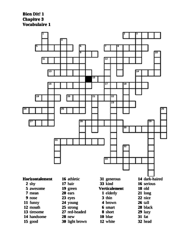 Bien Dit 1 Chapitre 3 Vocabulaire 1 Crossword