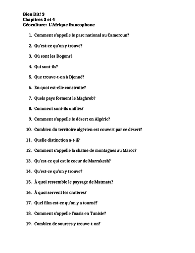 Bien Dit 3 Chapitres 3 et 4 Géoculture L'Afrique francophone Worksheet