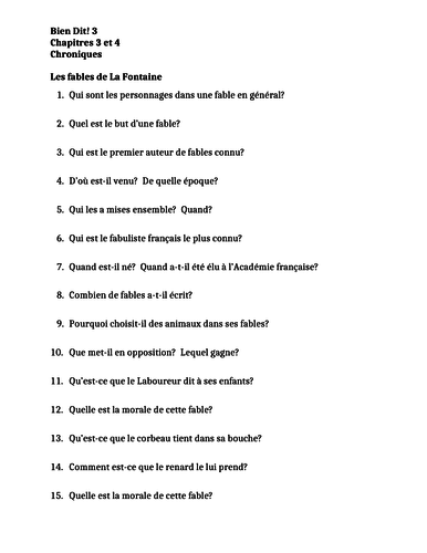 Bien Dit 3 Chapitres 3 et 4 Chroniques Worksheets