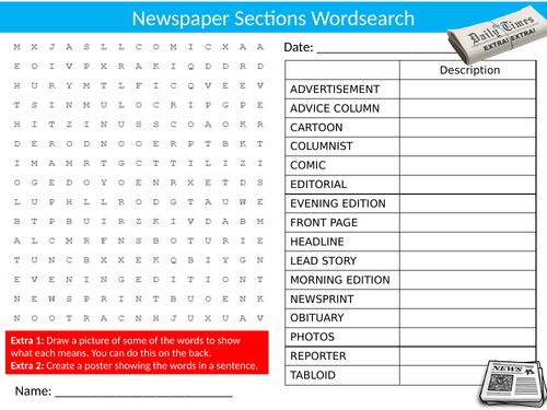 Newspaper Sections Wordsearch Sheet Starter Activity Keywords Cover Homework English