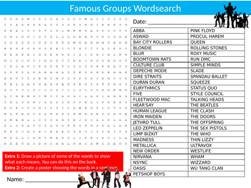 Pop Groups Wordsearch Sheet Starter Activity Keywords Cover Homework Music Bands