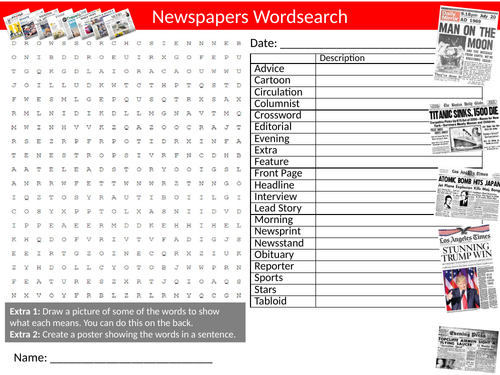 4 x Newspapers Wordsearch Sheet Starter Activity Keywords Cover Homework English