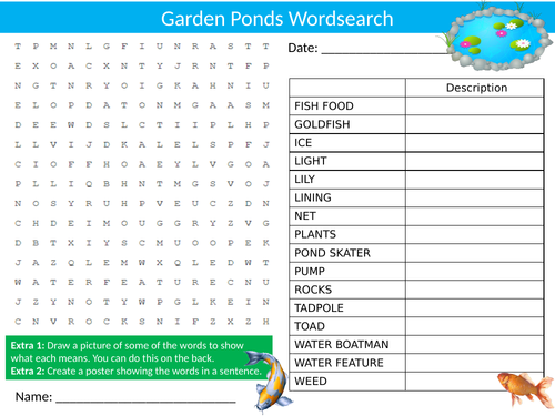 Garden Ponds Wordsearch Sheet Starter Activity Keywords Cover Homework Nature Studies