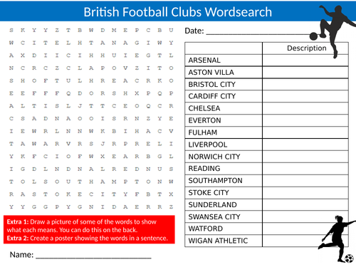 British Football Clubs Wordsearch Sheet Starter Activity Keywords Cover Homework PE