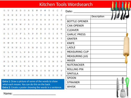 Kitchen Tools Wordsearch Sheet Starter Activity Keywords Cover Homework Food Equipment