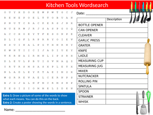 3 x The Kitchen Wordsearch Sheet Starter Activity Keywords Cover Homework Food Equipment