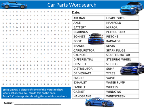 4 x Cars Wordsearch Sheet Starter Activity Keywords Cover Homework Transport Vehicles