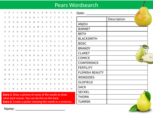 Pears Wordsearch Sheet Starter Activity Keywords Cover Homework Food Technology Fruit