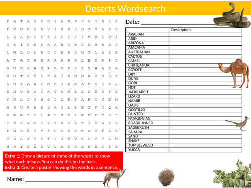 Deserts Wordsearch Sheet Starter Activity Keywords Cover Homework Geography Landscapes