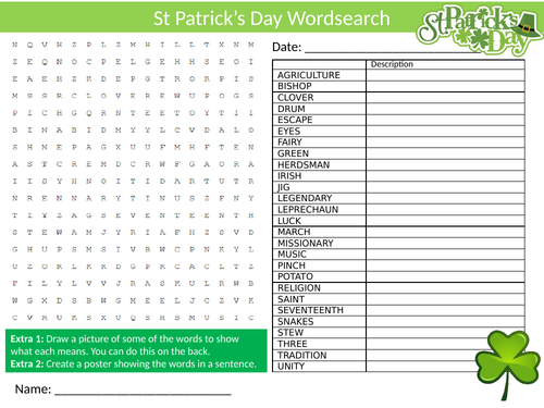 St Patrick's Day Wordsearch Sheet Starter Activity Keywords Cover Homework Holidays Ireland