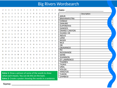 Big Rivers Wordsearch Sheet Starter Activity Keywords Cover Homework Geography